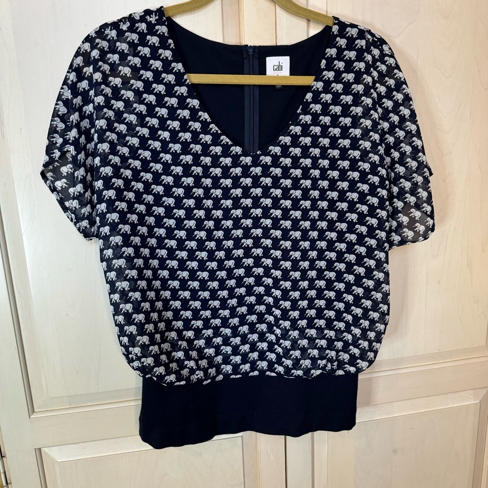Cabi Elephants on Parade Navy and White Blouse